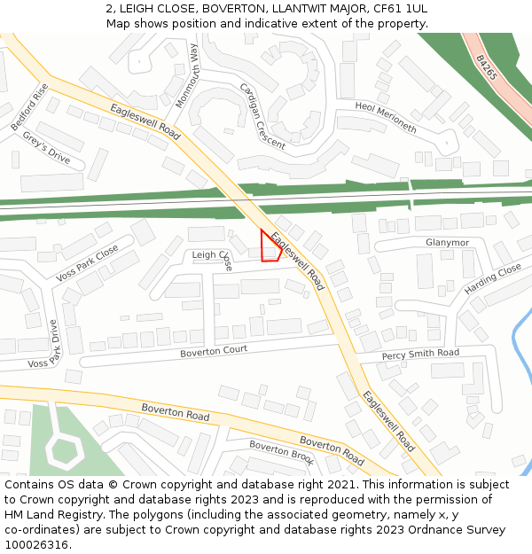 2, LEIGH CLOSE, BOVERTON, LLANTWIT MAJOR, CF61 1UL: Location map and indicative extent of plot