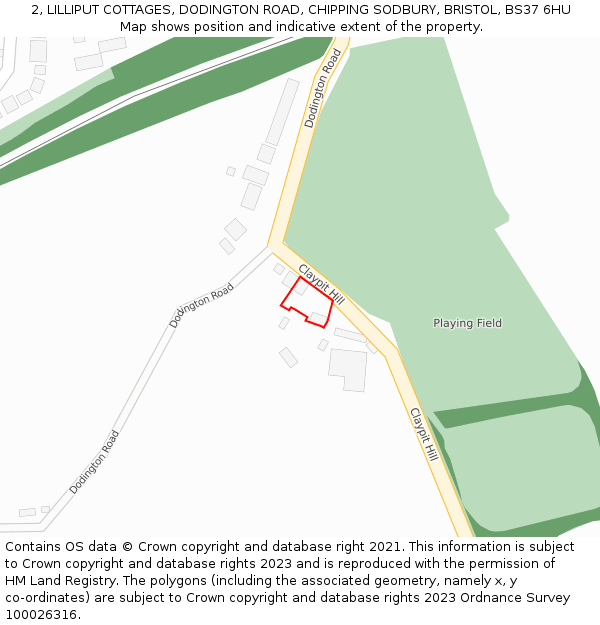 2, LILLIPUT COTTAGES, DODINGTON ROAD, CHIPPING SODBURY, BRISTOL, BS37 6HU: Location map and indicative extent of plot