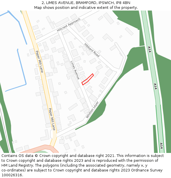 2, LIMES AVENUE, BRAMFORD, IPSWICH, IP8 4BN: Location map and indicative extent of plot