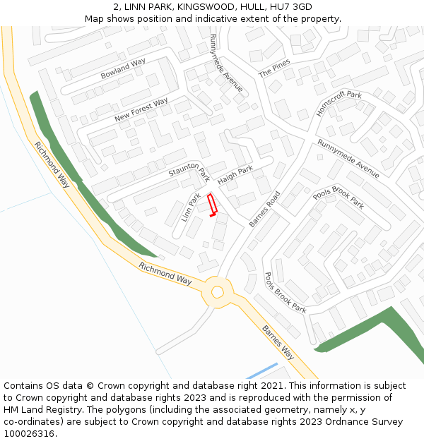 2, LINN PARK, KINGSWOOD, HULL, HU7 3GD: Location map and indicative extent of plot