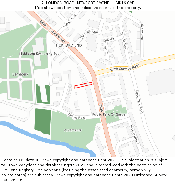 2, LONDON ROAD, NEWPORT PAGNELL, MK16 0AE: Location map and indicative extent of plot