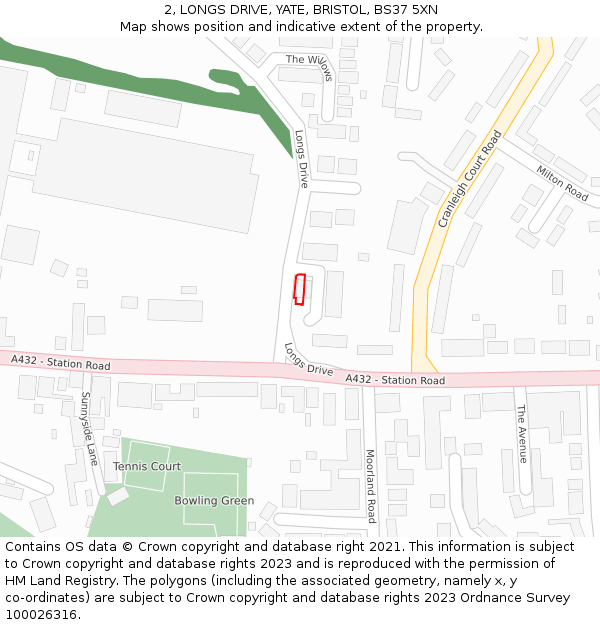 2, LONGS DRIVE, YATE, BRISTOL, BS37 5XN: Location map and indicative extent of plot