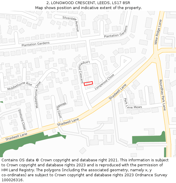 2, LONGWOOD CRESCENT, LEEDS, LS17 8SR: Location map and indicative extent of plot