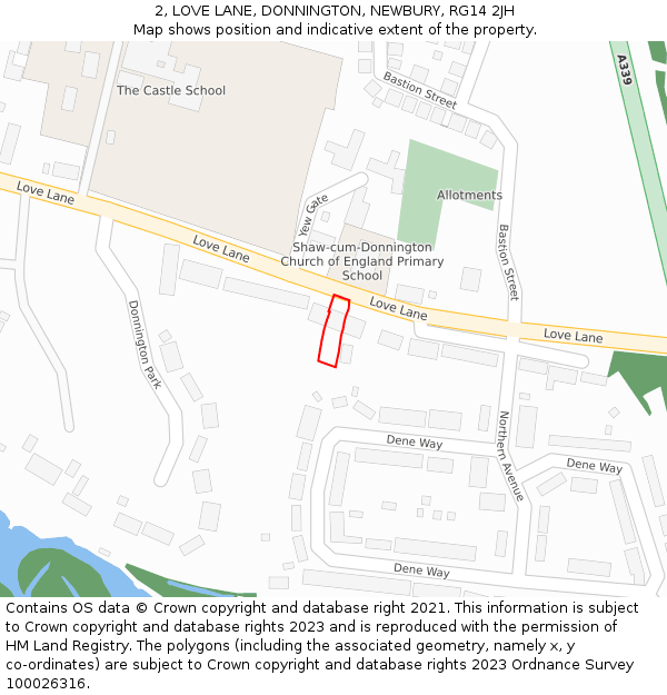 2, LOVE LANE, DONNINGTON, NEWBURY, RG14 2JH: Location map and indicative extent of plot