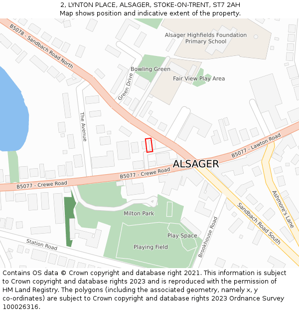 2, LYNTON PLACE, ALSAGER, STOKE-ON-TRENT, ST7 2AH: Location map and indicative extent of plot