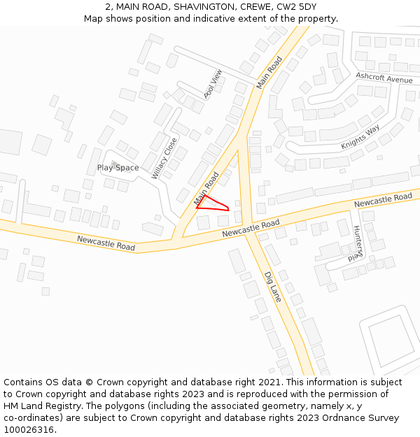 2, MAIN ROAD, SHAVINGTON, CREWE, CW2 5DY: Location map and indicative extent of plot