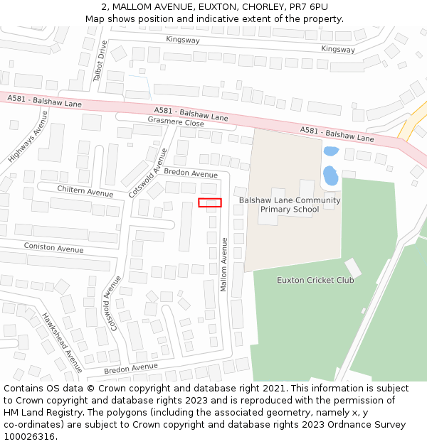 2, MALLOM AVENUE, EUXTON, CHORLEY, PR7 6PU: Location map and indicative extent of plot