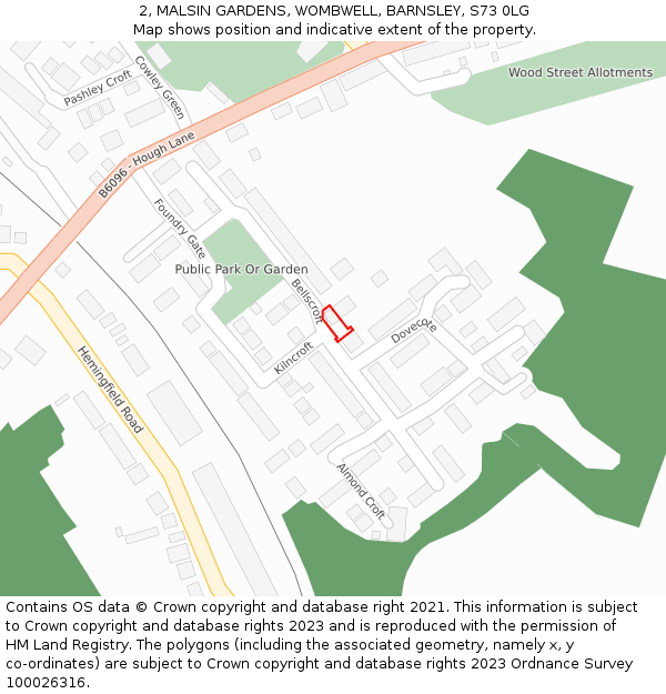 2, MALSIN GARDENS, WOMBWELL, BARNSLEY, S73 0LG: Location map and indicative extent of plot