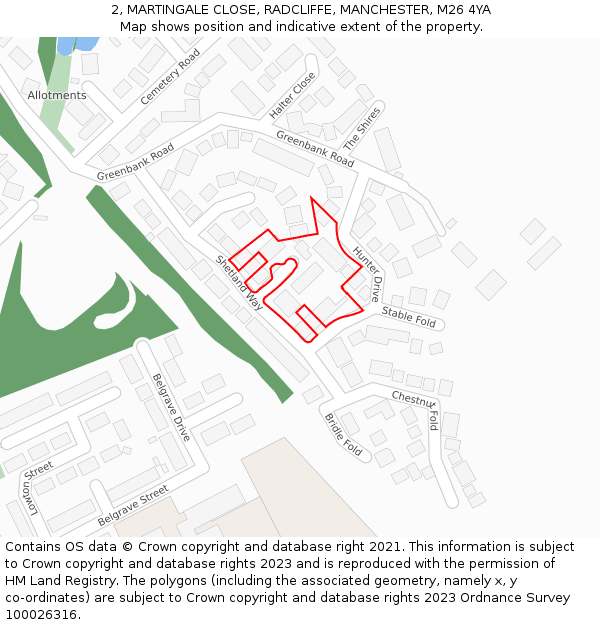2, MARTINGALE CLOSE, RADCLIFFE, MANCHESTER, M26 4YA: Location map and indicative extent of plot