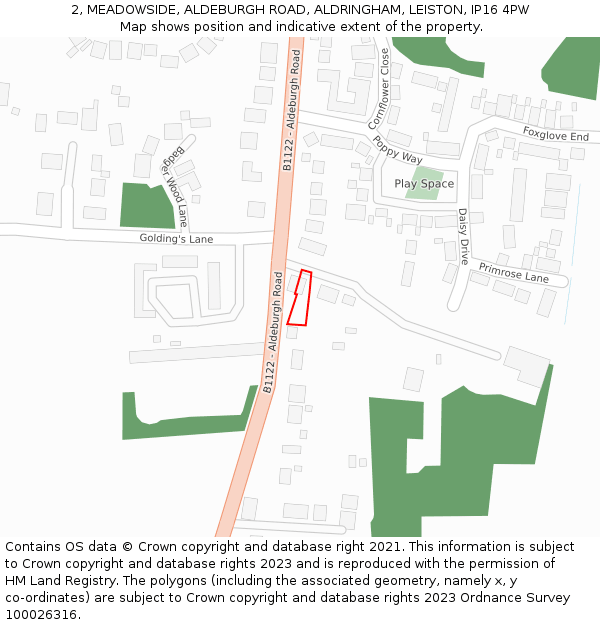 2, MEADOWSIDE, ALDEBURGH ROAD, ALDRINGHAM, LEISTON, IP16 4PW: Location map and indicative extent of plot