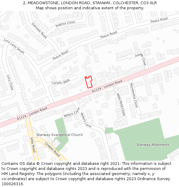 2, MEADOWSTONE, LONDON ROAD, STANWAY, COLCHESTER, CO3 0LR: Location map and indicative extent of plot