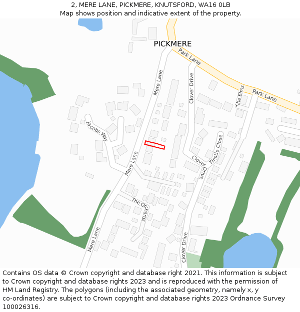 2, MERE LANE, PICKMERE, KNUTSFORD, WA16 0LB: Location map and indicative extent of plot