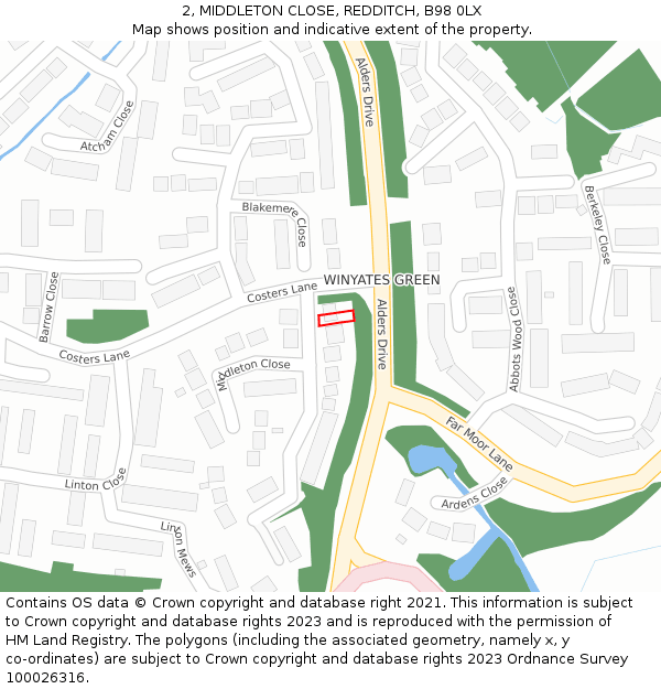 2, MIDDLETON CLOSE, REDDITCH, B98 0LX: Location map and indicative extent of plot