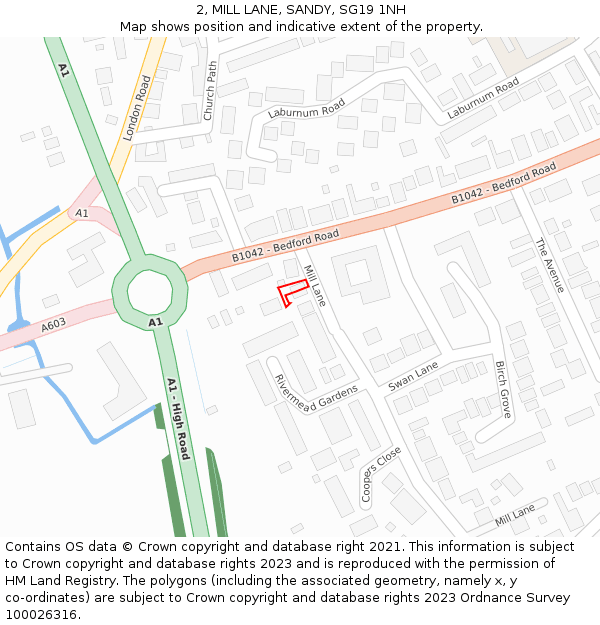 2, MILL LANE, SANDY, SG19 1NH: Location map and indicative extent of plot