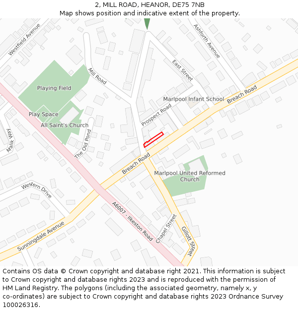 2, MILL ROAD, HEANOR, DE75 7NB: Location map and indicative extent of plot