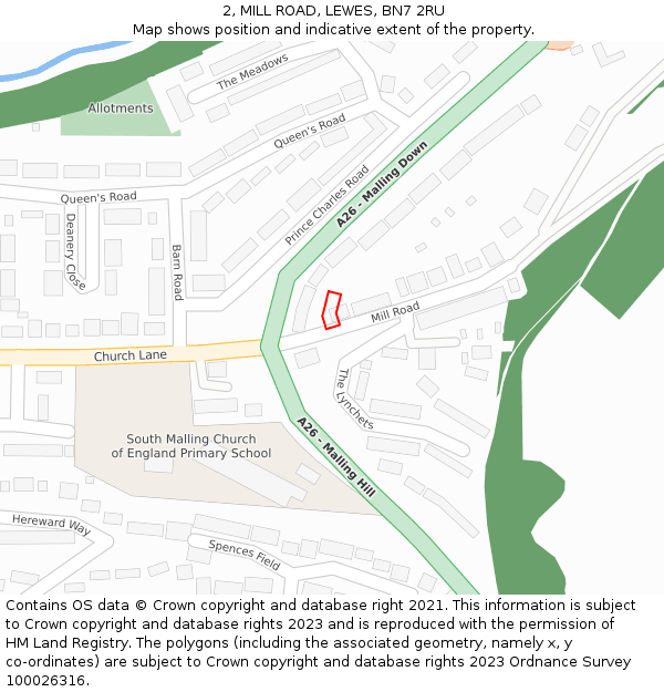 2, MILL ROAD, LEWES, BN7 2RU: Location map and indicative extent of plot