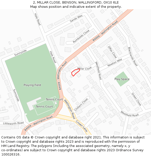 2, MILLAR CLOSE, BENSON, WALLINGFORD, OX10 6LE: Location map and indicative extent of plot
