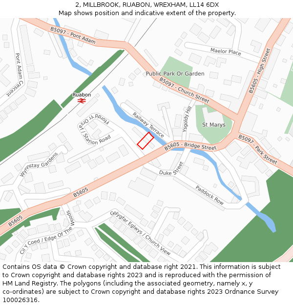 2, MILLBROOK, RUABON, WREXHAM, LL14 6DX: Location map and indicative extent of plot