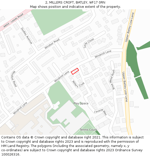 2, MILLERS CROFT, BATLEY, WF17 0RN: Location map and indicative extent of plot