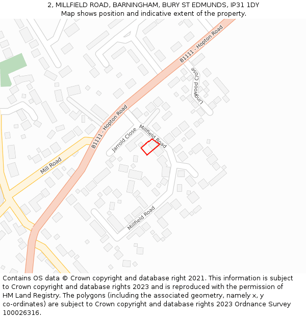 2, MILLFIELD ROAD, BARNINGHAM, BURY ST EDMUNDS, IP31 1DY: Location map and indicative extent of plot
