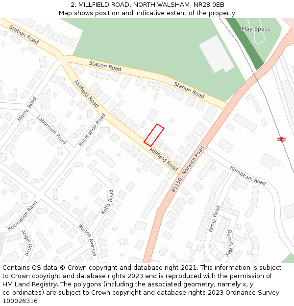 2, MILLFIELD ROAD, NORTH WALSHAM, NR28 0EB: Location map and indicative extent of plot