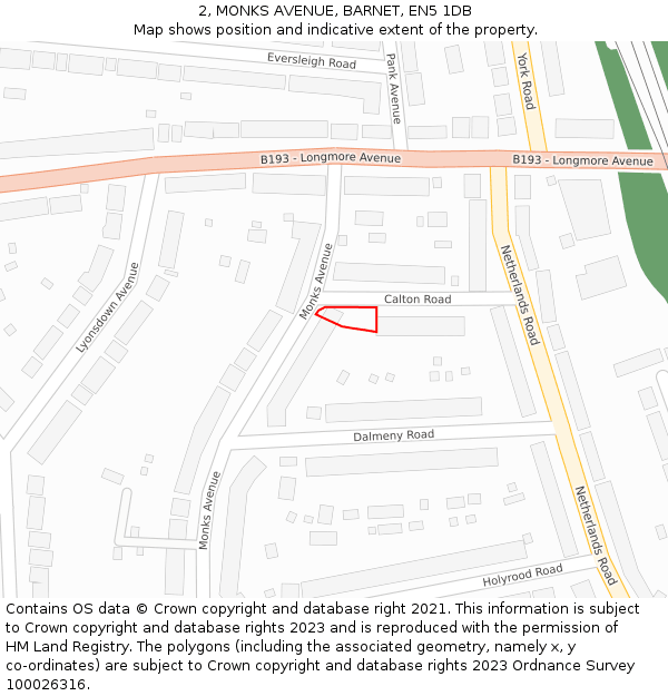 2, MONKS AVENUE, BARNET, EN5 1DB: Location map and indicative extent of plot