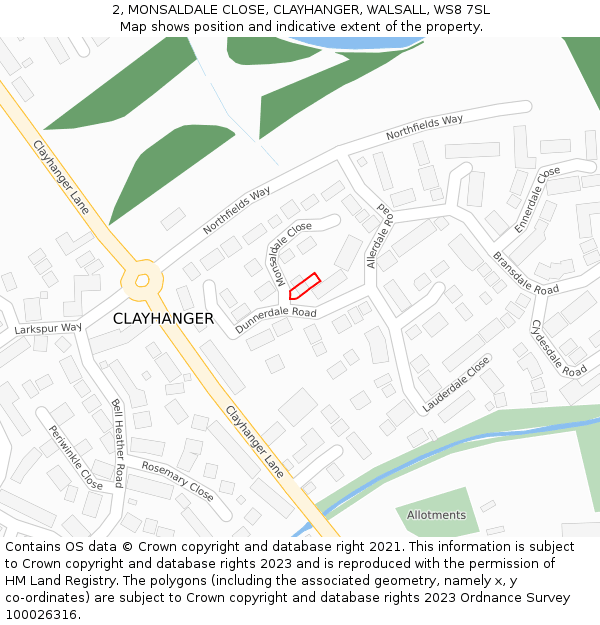 2, MONSALDALE CLOSE, CLAYHANGER, WALSALL, WS8 7SL: Location map and indicative extent of plot