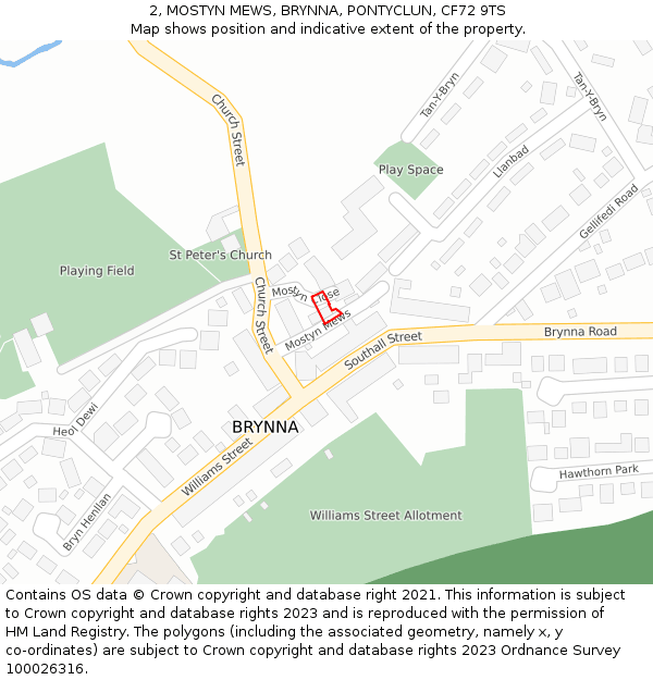 2, MOSTYN MEWS, BRYNNA, PONTYCLUN, CF72 9TS: Location map and indicative extent of plot