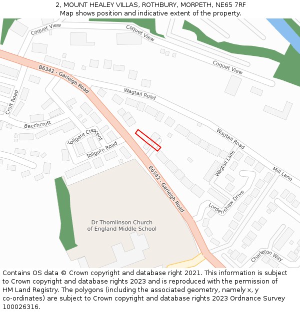 2, MOUNT HEALEY VILLAS, ROTHBURY, MORPETH, NE65 7RF: Location map and indicative extent of plot