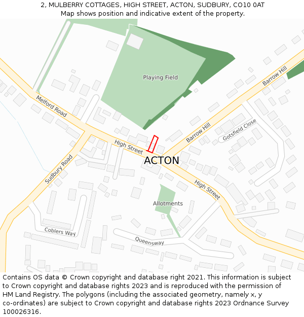 2, MULBERRY COTTAGES, HIGH STREET, ACTON, SUDBURY, CO10 0AT: Location map and indicative extent of plot