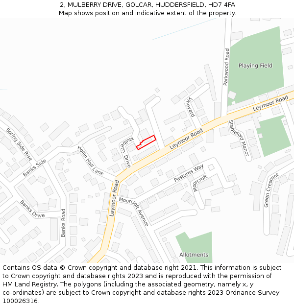 2, MULBERRY DRIVE, GOLCAR, HUDDERSFIELD, HD7 4FA: Location map and indicative extent of plot