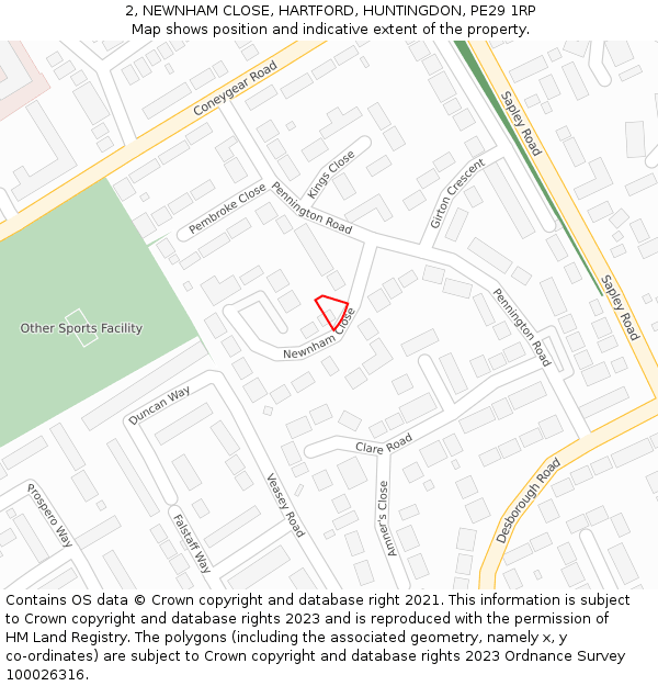 2, NEWNHAM CLOSE, HARTFORD, HUNTINGDON, PE29 1RP: Location map and indicative extent of plot