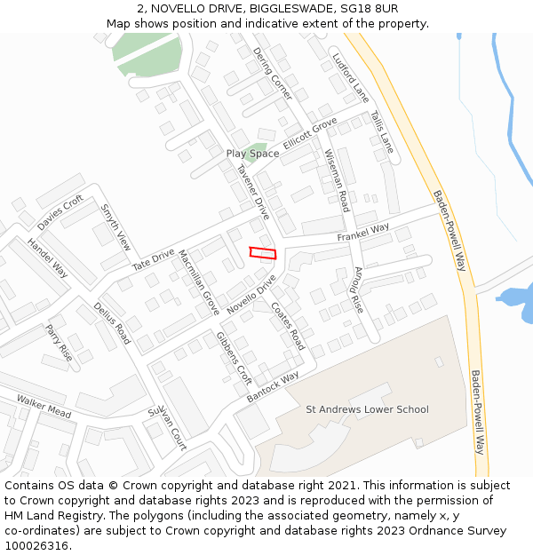 2, NOVELLO DRIVE, BIGGLESWADE, SG18 8UR: Location map and indicative extent of plot