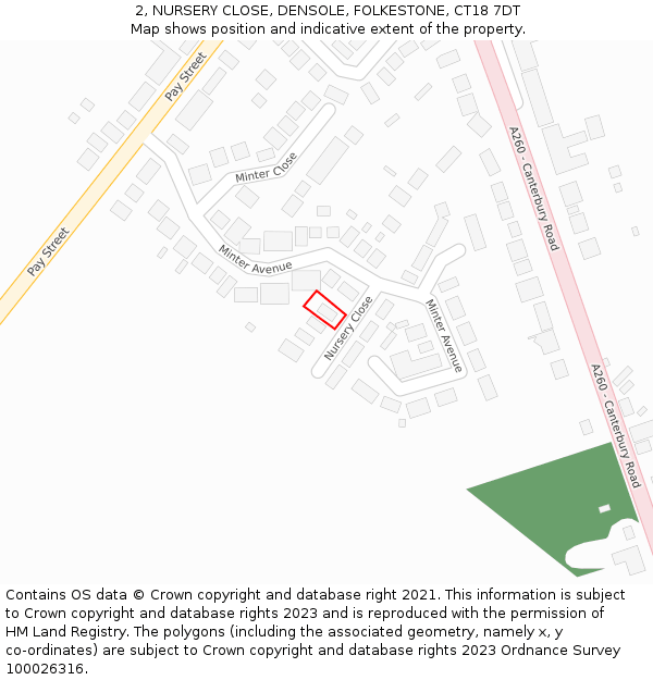 2, NURSERY CLOSE, DENSOLE, FOLKESTONE, CT18 7DT: Location map and indicative extent of plot
