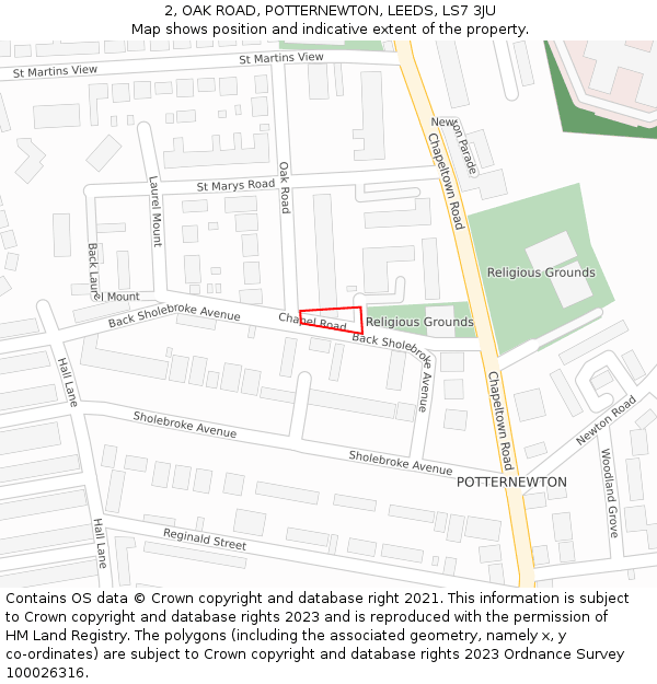 2, OAK ROAD, POTTERNEWTON, LEEDS, LS7 3JU: Location map and indicative extent of plot