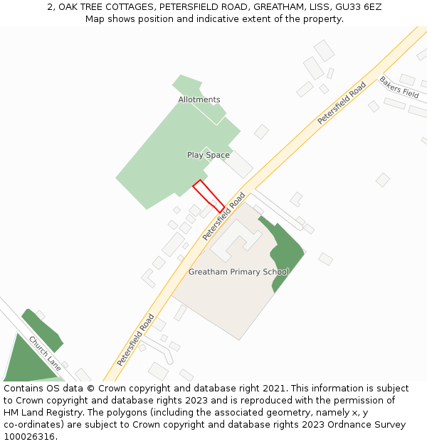 2, OAK TREE COTTAGES, PETERSFIELD ROAD, GREATHAM, LISS, GU33 6EZ: Location map and indicative extent of plot