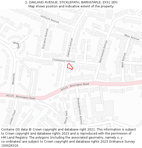 2, OAKLAND AVENUE, STICKLEPATH, BARNSTAPLE, EX31 2EN: Location map and indicative extent of plot