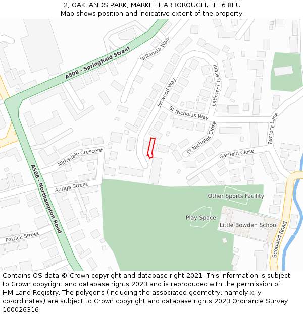 2, OAKLANDS PARK, MARKET HARBOROUGH, LE16 8EU: Location map and indicative extent of plot