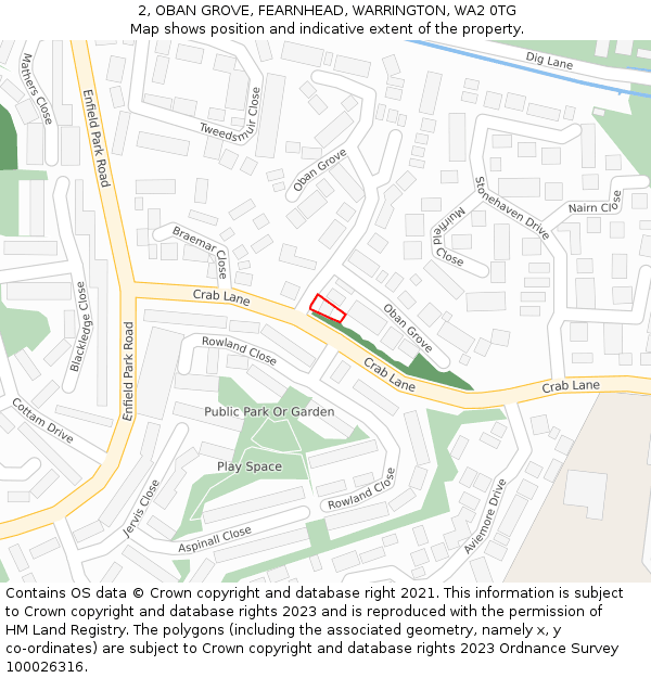 2, OBAN GROVE, FEARNHEAD, WARRINGTON, WA2 0TG: Location map and indicative extent of plot