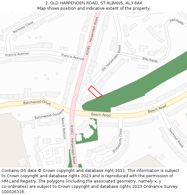 2, OLD HARPENDEN ROAD, ST ALBANS, AL3 6AX: Location map and indicative extent of plot