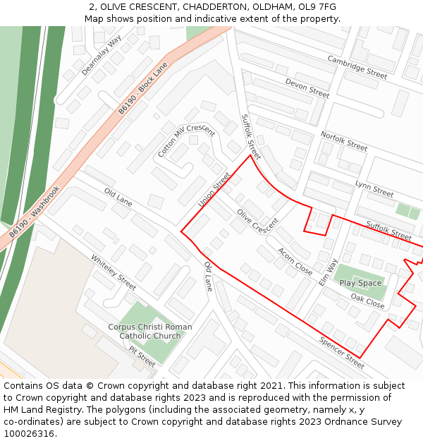 2, OLIVE CRESCENT, CHADDERTON, OLDHAM, OL9 7FG: Location map and indicative extent of plot