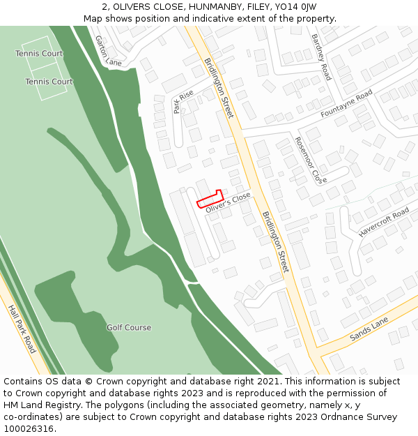 2, OLIVERS CLOSE, HUNMANBY, FILEY, YO14 0JW: Location map and indicative extent of plot