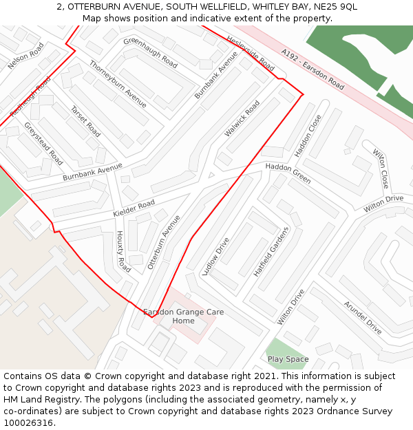 2, OTTERBURN AVENUE, SOUTH WELLFIELD, WHITLEY BAY, NE25 9QL: Location map and indicative extent of plot