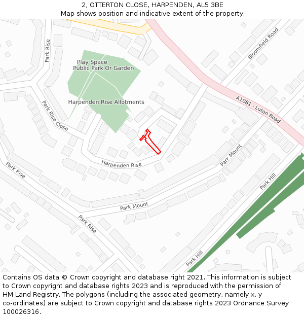 2, OTTERTON CLOSE, HARPENDEN, AL5 3BE: Location map and indicative extent of plot