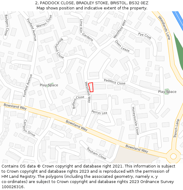 2, PADDOCK CLOSE, BRADLEY STOKE, BRISTOL, BS32 0EZ: Location map and indicative extent of plot
