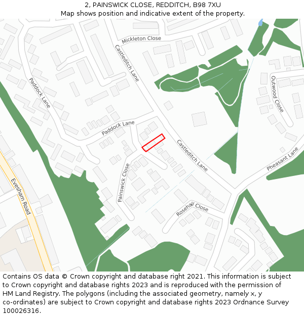 2, PAINSWICK CLOSE, REDDITCH, B98 7XU: Location map and indicative extent of plot
