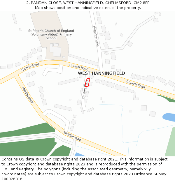 2, PANDAN CLOSE, WEST HANNINGFIELD, CHELMSFORD, CM2 8FP: Location map and indicative extent of plot