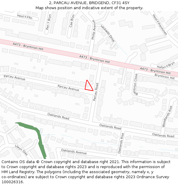 2, PARCAU AVENUE, BRIDGEND, CF31 4SY: Location map and indicative extent of plot