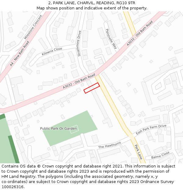 2, PARK LANE, CHARVIL, READING, RG10 9TR: Location map and indicative extent of plot