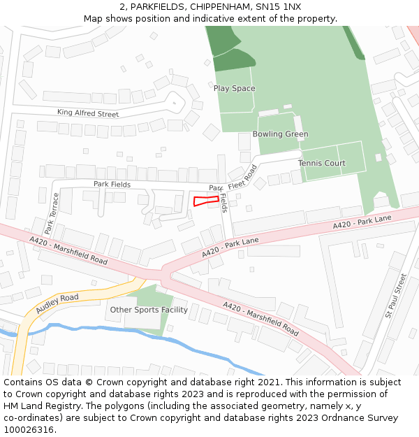 2, PARKFIELDS, CHIPPENHAM, SN15 1NX: Location map and indicative extent of plot